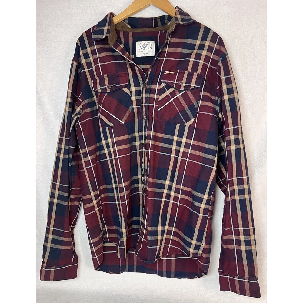 Men's Parish Nation Button Up Plaid Shirt Size XL  Red Blue Flannel